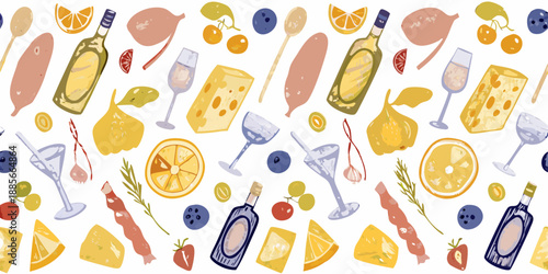 A colorful pattern featuring cocktails fruits and cheese on a white background