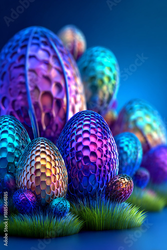 imaginative surreal easter world with colorful fantasy eggs, whimsical and magical easter celebration illustration, surreal happy easter fantasy landscape with vibrant eggs