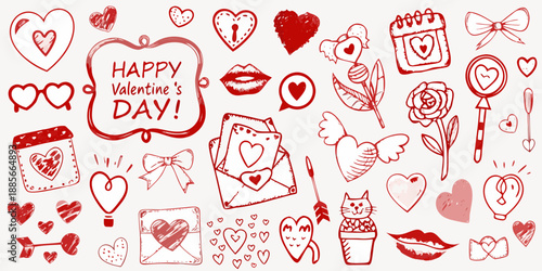 A charming collection of hand drawn valentine s day themed doodles in red