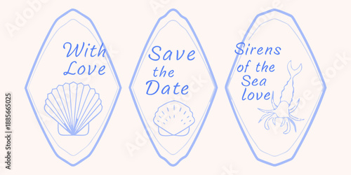 Hand drawn save the date cards with seashells and marine life designs