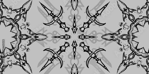 Intricate symmetrical pattern of stylized swords and ornate decorative elements