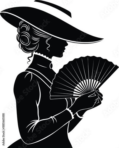 Elegant vintage lady silhouette holding decorative folding fan, wearing wide brim hat and classic dress, refined retro portrait illustration for antique fashion, Victorian style artwork, decoration