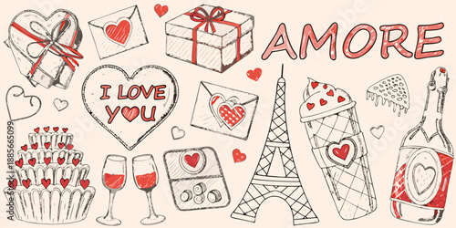 A charming hand drawn illustration of romantic gifts and parisian love symbols