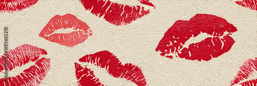 Red lipstick kiss marks covering a cream textured paper surface, creating a playful pattern. Red lipstick kiss marks seamless pattern on textured paper