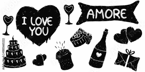 Wallpaper Mural Romantic black and white illustration featuring hearts champagne and sweet treats Torontodigital.ca