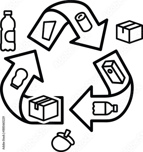 Recycling process icon with packaging materials, eco friendly waste management concept, circular economy illustration, sustainable environment design