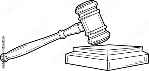 Judge gavel and sound block line art, law court legal auction hammer, justice and authority vector illustration, isolated on white background, lawyer