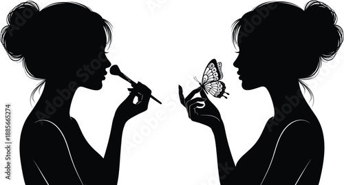 Elegant woman silhouette applying makeup and holding butterfly, beauty fashion illustration for cosmetics, feminine style concept, delicate vector artwork design