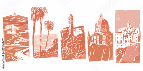 Illustrative red linocut showcasing iconic mediterranean and european architectural landmarks