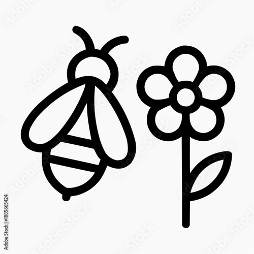 Line icon of a bee and a flower — pollination, black on white, square minimalist style