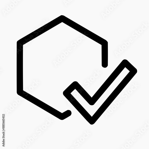Line icon of a hexagon and a checkmark — healthy hive, black on white, square minimalist style
