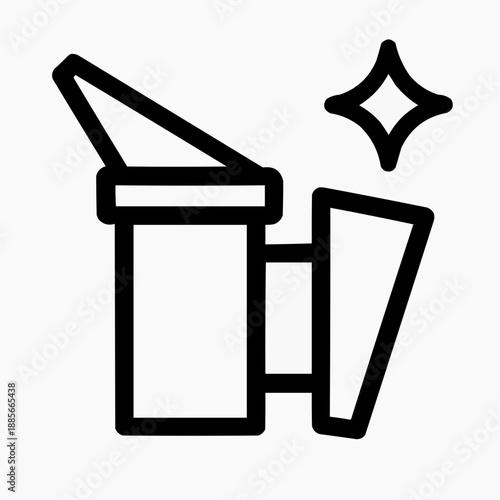 Line icon of a smoker tool and a spark — hive calming, black on white, square minimalist style
