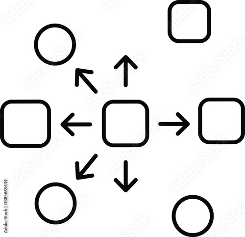 Process flow diagram icon with connected nodes, workflow structure, data distribution concept, system organization, minimal line design