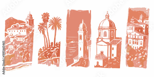 Illustrative red sketches depict historical buildings and palm trees in a row