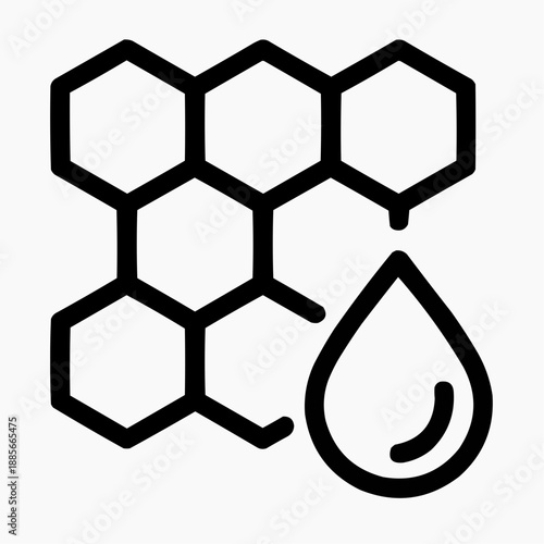 Line icon of a honeycomb grid and a drop — full comb, black on white, square minimalist style