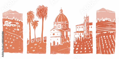 California missions and landscapes a stylized reddish orange illustration