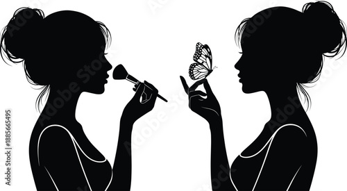 Elegant woman silhouette doing makeup and holding butterfly, beauty and cosmetic concept vector illustration for fashion, self care, feminine lifestyle and salon branding