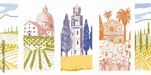Illustrative depiction of european landmarks and scenic landscapes in a row