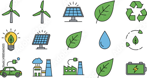 Renewable energy and eco icons set, solar wind recycling green power symbols, sustainable environment design for clean energy projects