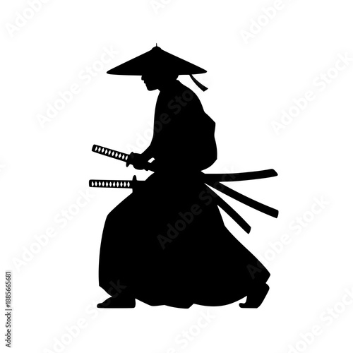 Samurai warrior kneeling with swords in traditional Japanese attire