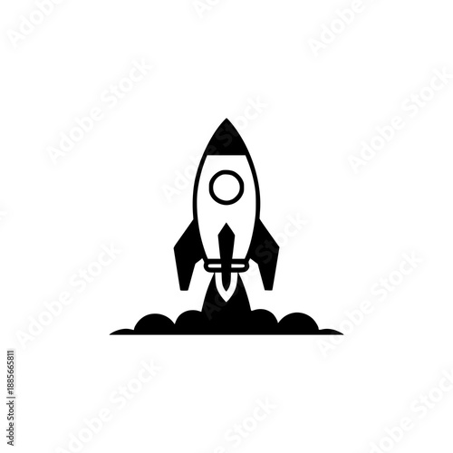 Rocket ship launching into space with smoke and flames