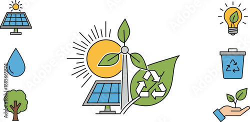Renewable energy and eco icons set, solar wind recycling nature symbols, sustainable green technology for environmental protection
