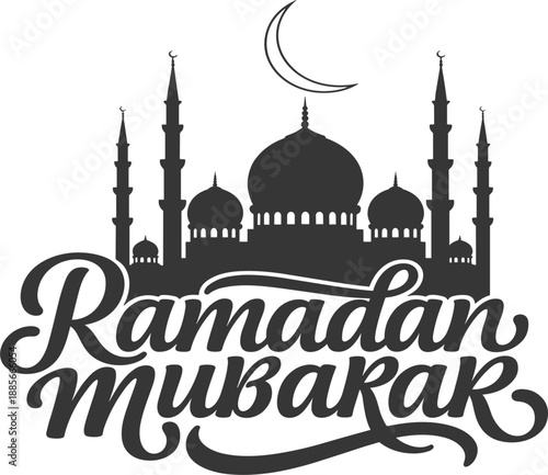 Ramadan Mubarak calligraphy with mosque silhouette, crescent moon and minarets for Islamic holy month celebration greeting