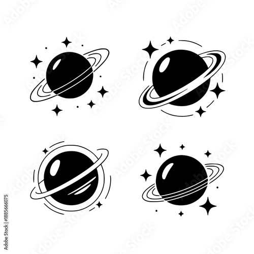 Stunning set of Saturn planet illustrations with rings and stars