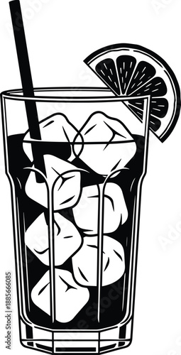 Iced drink glass with straw and orange slice silhouette, refreshing cocktail with ice cubes, black and white vector illustration, summer beverage icon