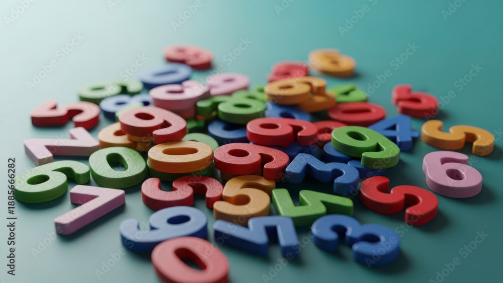 Fototapeta premium Colorful plastic numbers scattered on green background, vibrant and playful