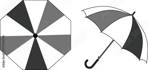 Minimal black and white umbrella illustration showing top and side perspectives rain protection accessory vector design isolated on white
