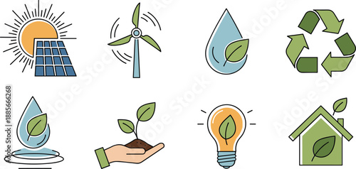 Renewable energy and eco icons set, solar wind water recycling symbols, sustainable green power design for environment projects