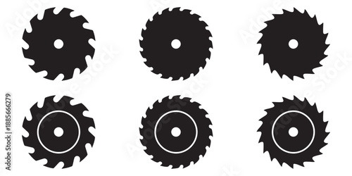 Industrial Circular Saw Blade Icon Set – Black Silhouette Woodworking, Carpentry and Cutting 
Tool Vector Collection