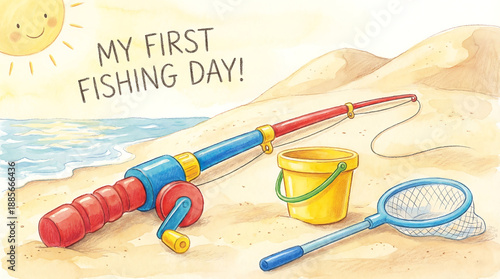 A Child's First Fishing Day by the Sandy Beach with Colorful Rod and Bucket