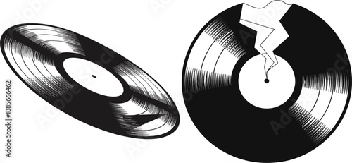 Vintage vinyl record disk sketches with broken gramophone LP, hand drawn music illustration for retro desig