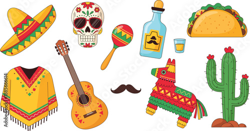 Mexican culture icon collection vector illustration set featuring sombrero, guitar, skull, taco, cactus, tequila, and traditional festive elements
