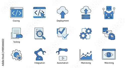 Set of 15 Blue DevOps Development Process Vector Icons
