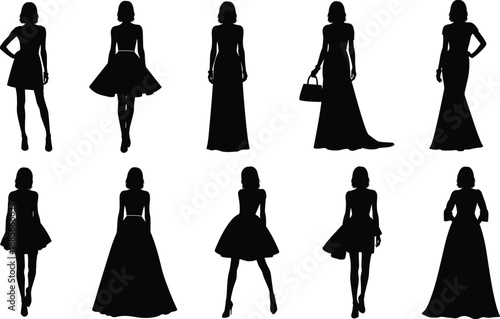 Elegant women silhouettes in dresses, fashion poses collection, black vector illustration for style, glamour, evening wear, runway, branding, apparel design