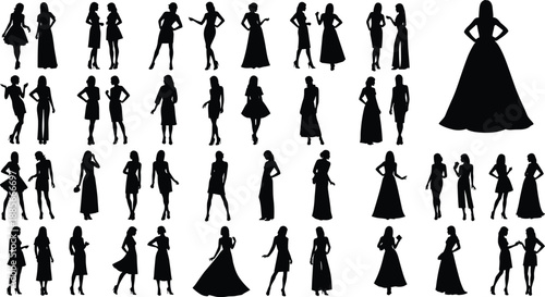Elegant women silhouettes vector set, fashionable female poses collection including dresses, gowns, casual and formal styles isolated illustration