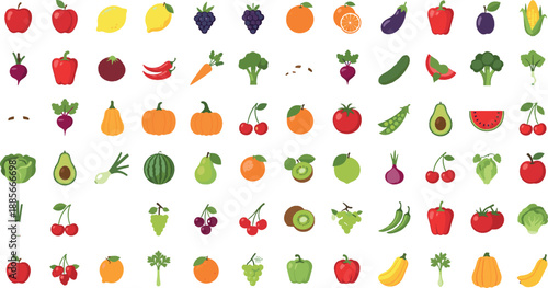 Fresh fruits and vegetables illustration set with colorful healthy food icons, organic produce variety, nutrition elements, and farm market flat vector collection