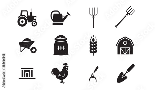 Collection of black farm icons including tractor, tools, and barn