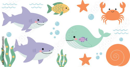 Cute underwater sea animals set with sharks, whale, crab, fish, starfish, and shells in colorful kawaii cartoon vector style