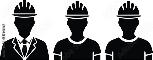 Set of construction worker silhouettes with hard hats for labor industry professional engineering and building project cad drawing flat vector illustration design