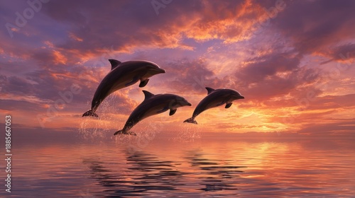 Majestic Dolphins Leaping in Vibrant Sunset Over Calm Ocean Waters with Colorful Skies and Gentle Reflection Creating a Stunning Natural Scene