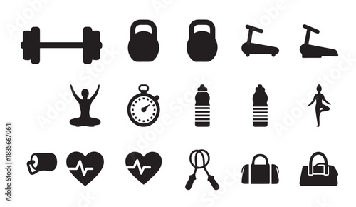Black vector icons of fitness and exercise equipment and healthy lifestyle concepts on white background