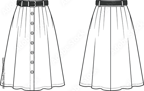 Women button front long skirt technical flat illustration, belted maxi skirt fashion design, front back view, apparel cad vector