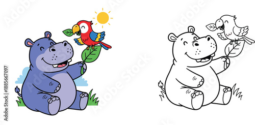 Happy cute cartoon hippo sitting on grass holding green leaf with colorful red parrot bird friend under bright sun vector illustration.