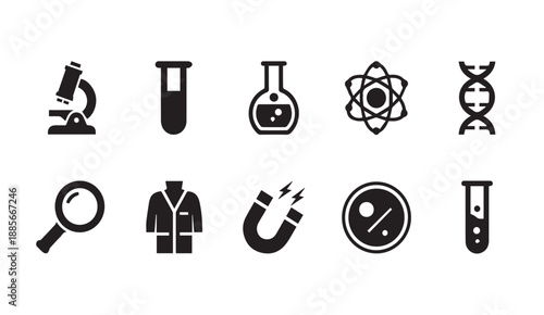 Science and laboratory icons including microscope, test tube, beaker, atom, DNA, magnifying glass, lab coat, magnet, percentage, and flask on white background.