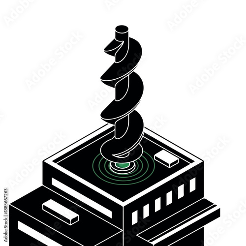Isometric illustration of an industrial building with a large auger drill bit emerging from its roof.