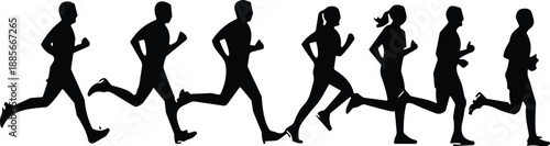 Group of people running silhouette for marathon race and fitness health training, cad drawing flat vector illustration on a white background icon.